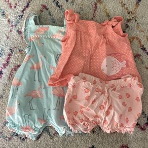 Set of baby girl summer outfits. Flamingos & fish